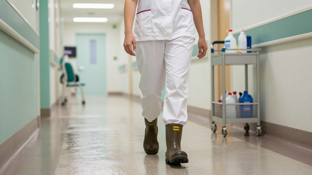 A nurse walking on a wet hospital floor in slip-on boots, cleaning cart in the background.