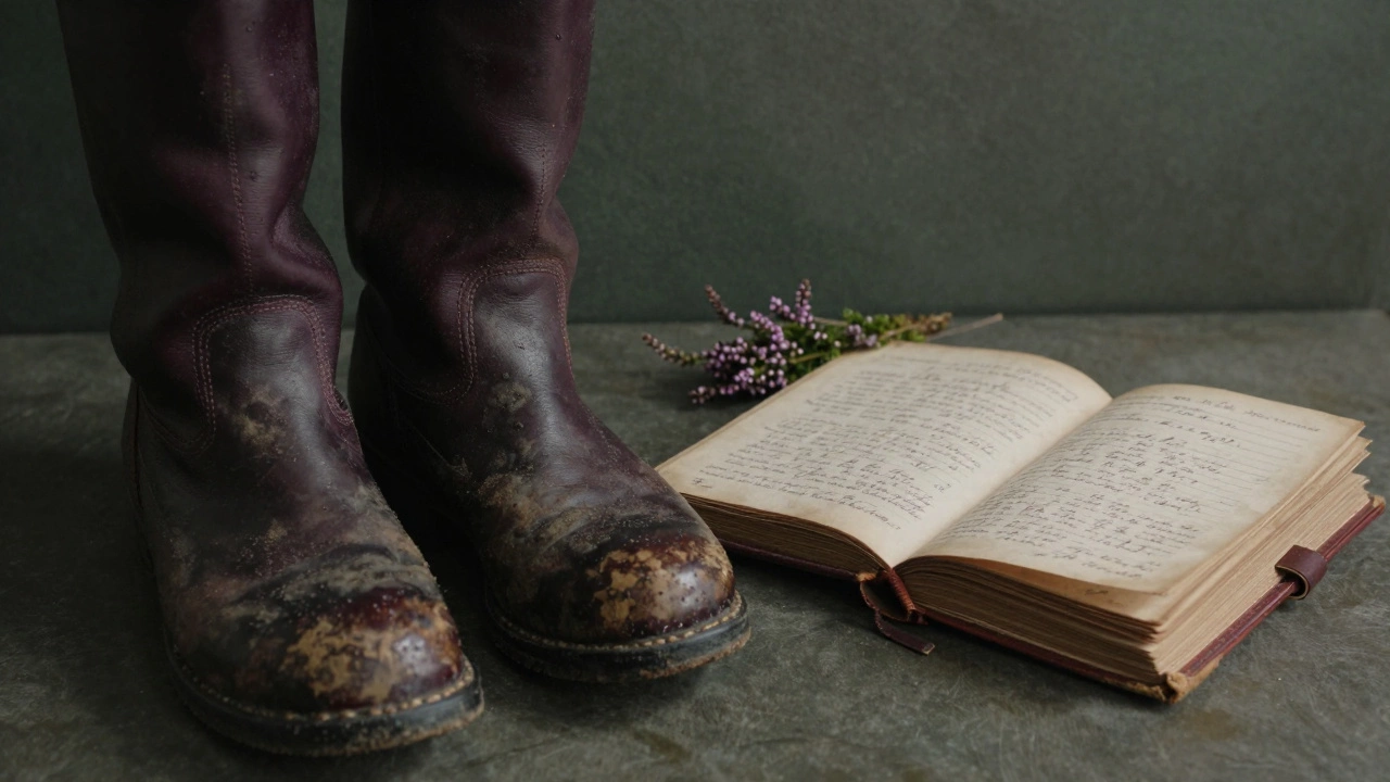 A pair of durable Irish boots beside an aged journal, symbolizing legacy and lived experience.