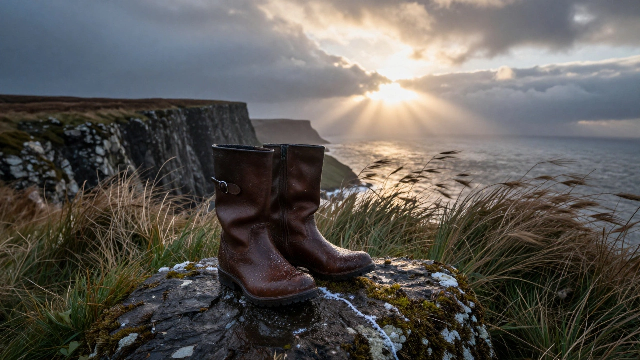A pair of leather boots stands on a windswept Irish cliff, rain-dampened but intact, symbolizing durability against harsh weather.