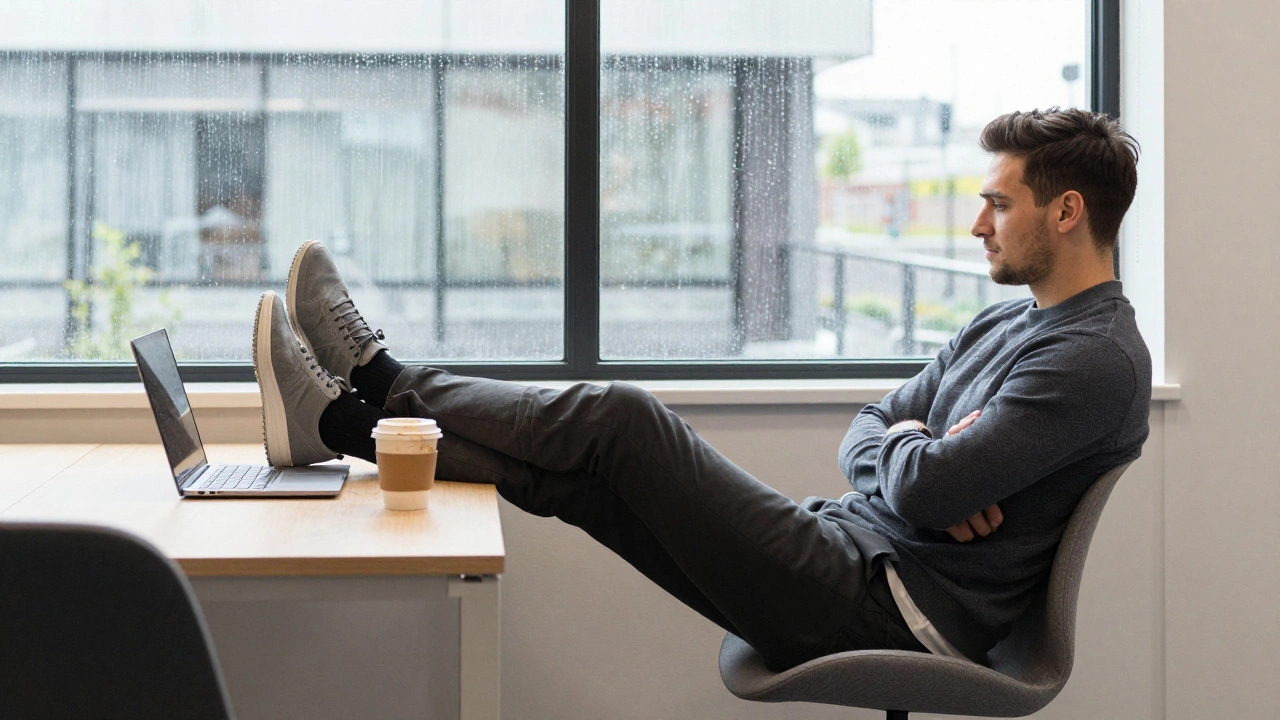 A professional in smart sneakers working in a Cork office, rain streaking the window behind them.