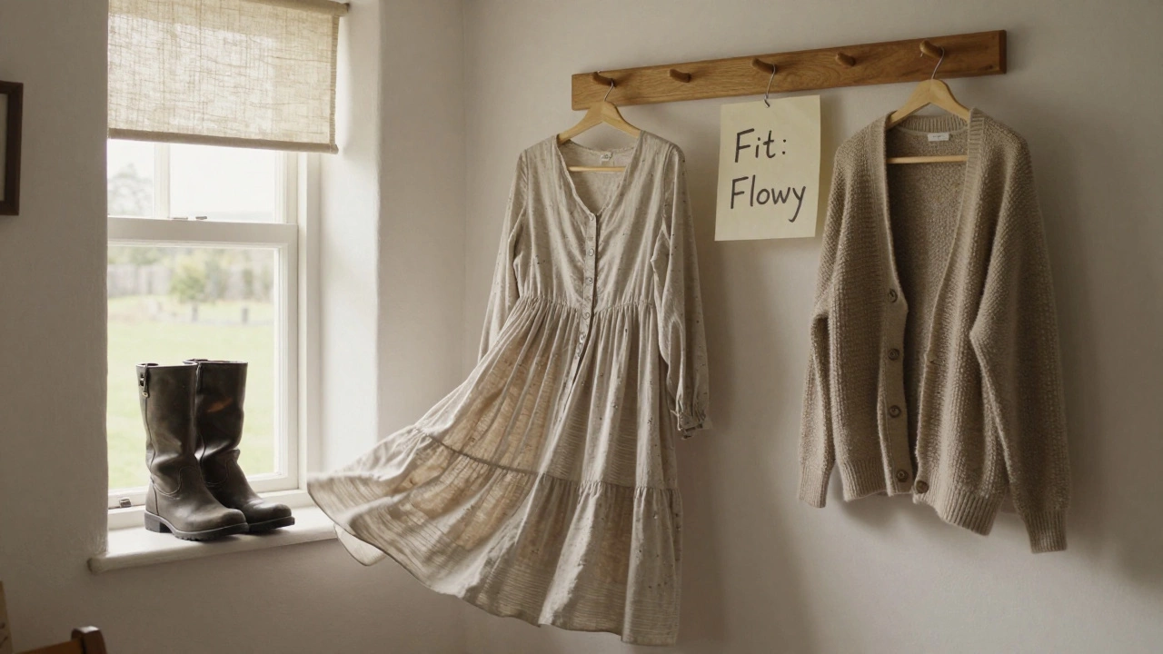A single flowy dress hanging in a cottage beside a cardigan and boots, no size labels visible.