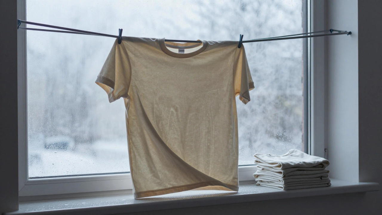 A single Irish-made t-shirt drying by a foggy winter window, rolled tees beside it on a wooden rack.