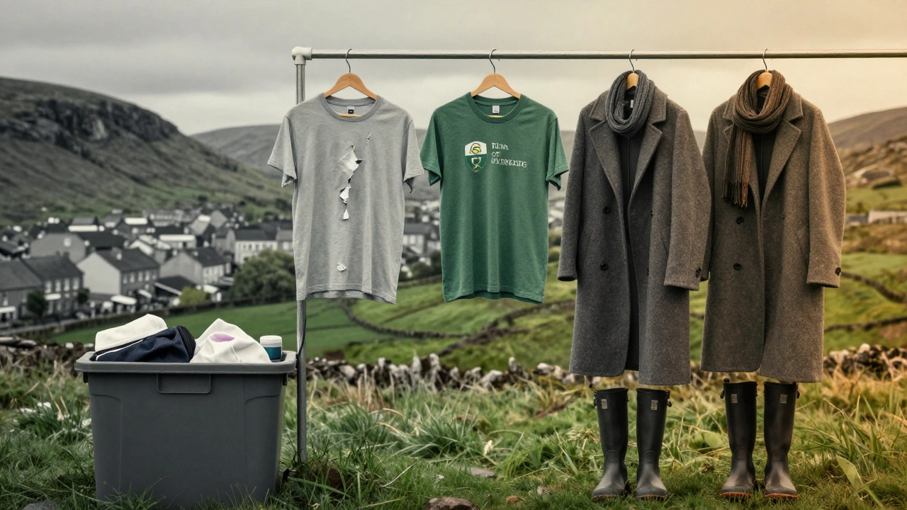 A timeline showing a discarded fast-fashion tee transforming into three durable, locally made tees hung with Irish outerwear.