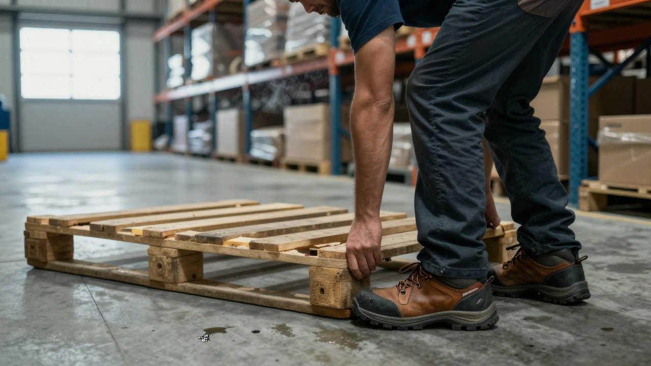 A warehouse worker lifting a pallet in a cold, damp facility, wearing waterproof work boots on a concrete floor.