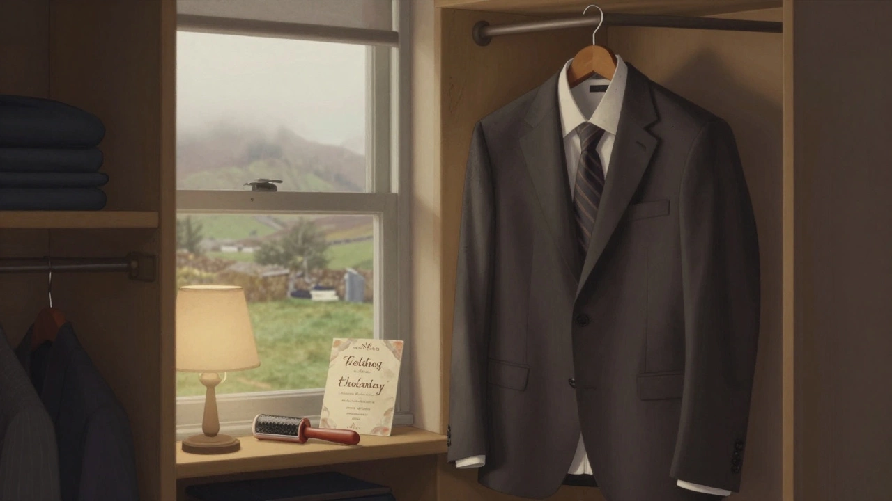A well-worn but tidy suit hanging in a Galway closet with a wedding invitation nearby.