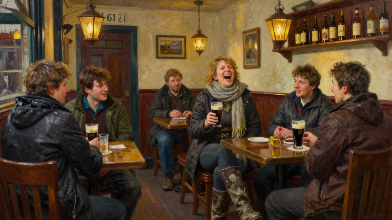 A woman laughs in a warm Irish pub with friends, holding a pint, surrounded by wooden shelves and candlelight.