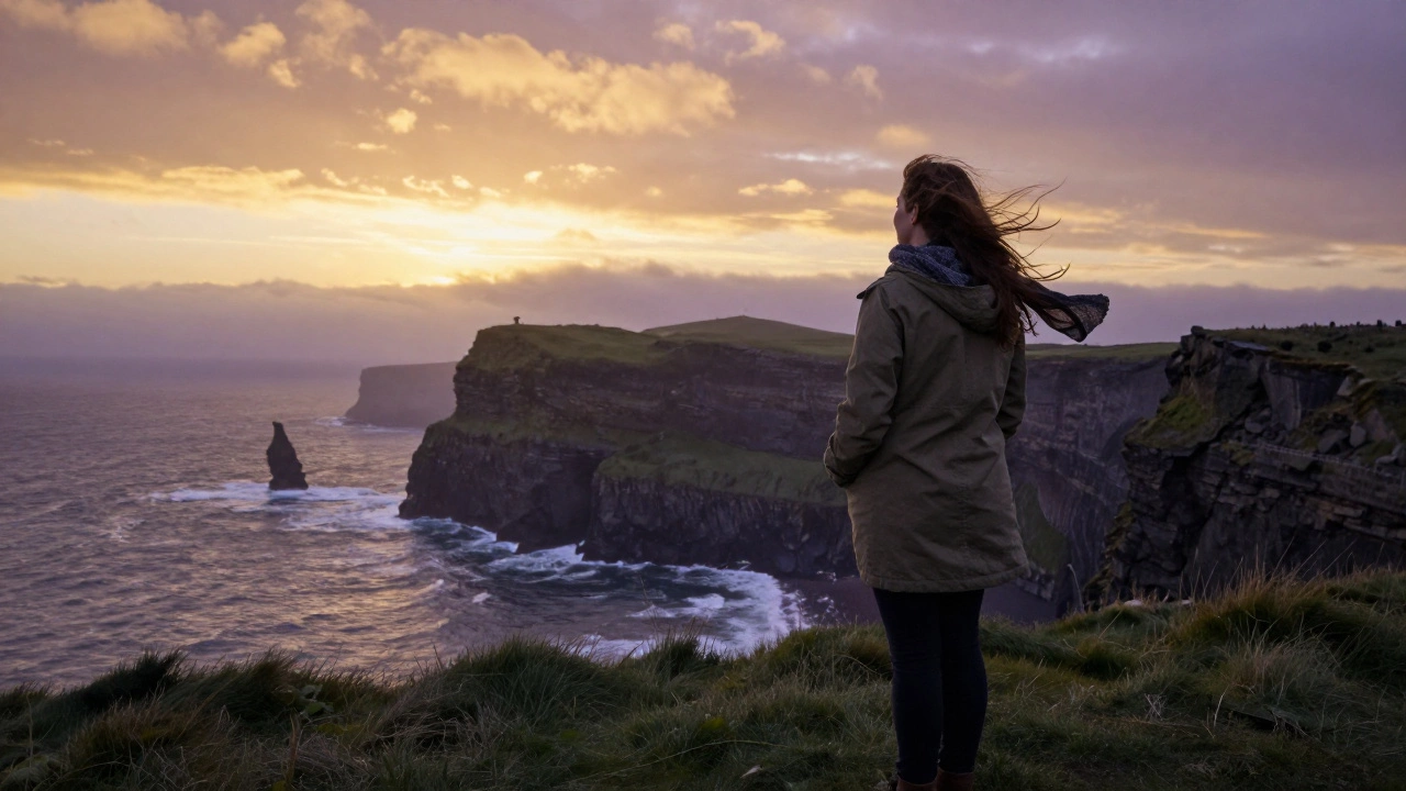 A woman stands on the Cliffs of Moher at sunset, wind in her hair, wearing a worn coat with the sea below.
