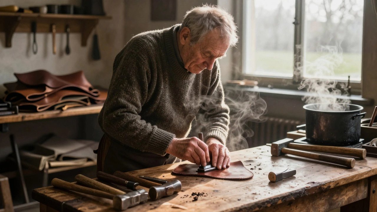 An elderly cobbler pressing a metal stamp into leather in a sunlit Irish workshop.