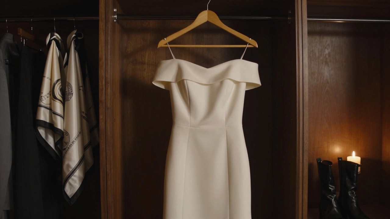 An elegant Givenchy gown hanging in a Dublin dressing room, symbolizing restraint and sophistication.