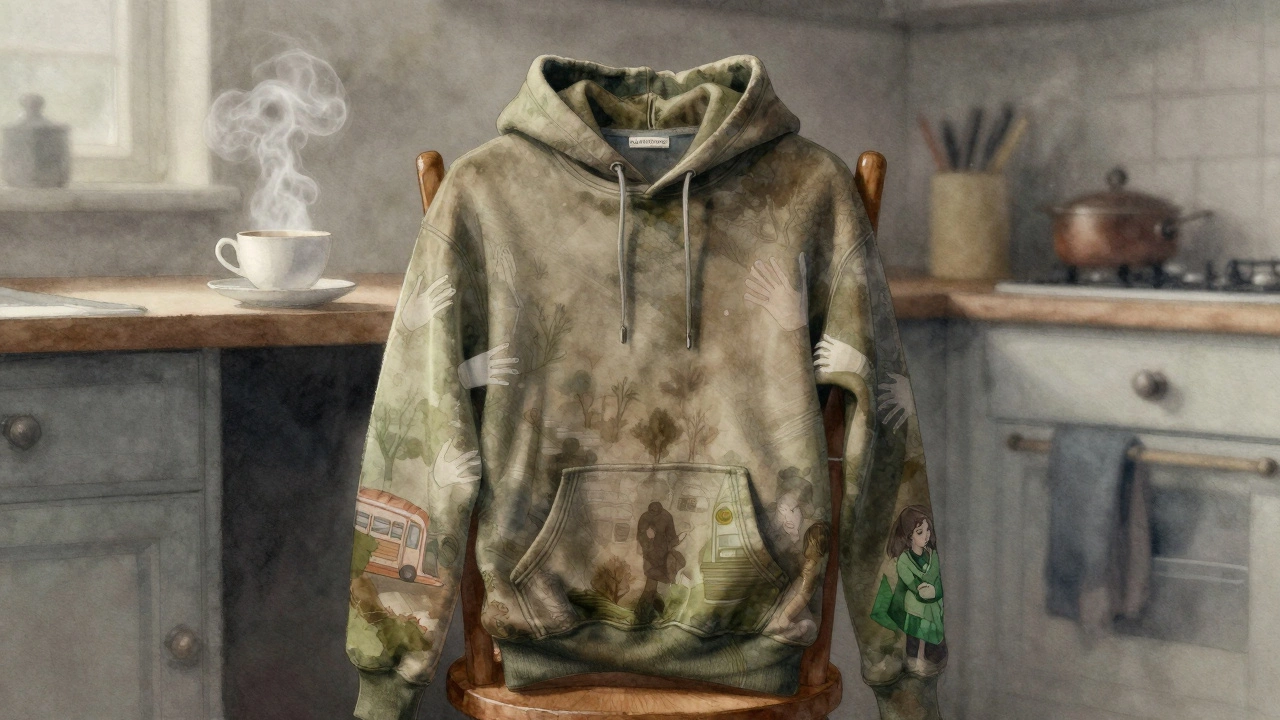 An empty hoodie on a kitchen chair, steam rising nearby, holding memories of those who wore it.