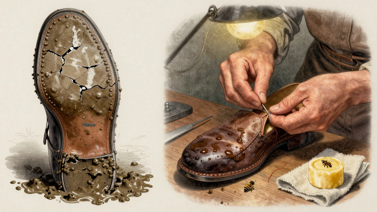 Close-up comparison: damaged glued shoe sole versus a cobbler repairing a stitched leather sole with tools and conditioner.