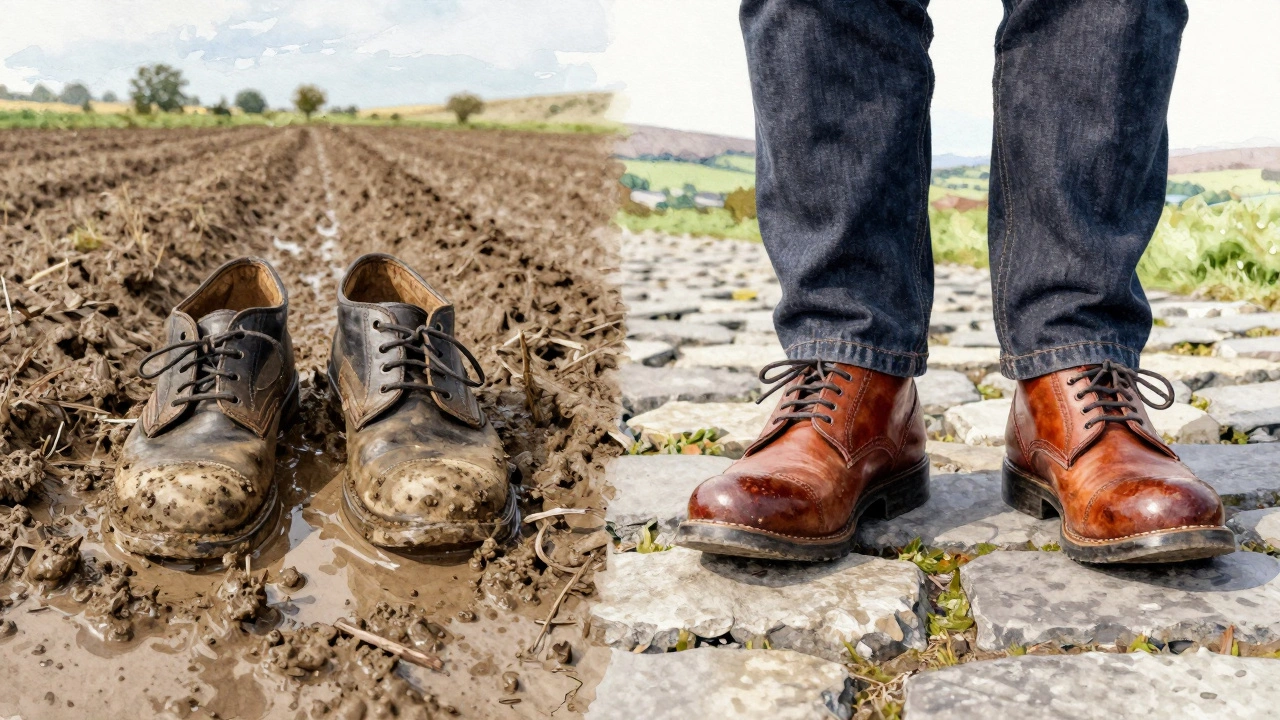Comparison of worn shoes in mud versus durable Irish-made work shoe on stone.