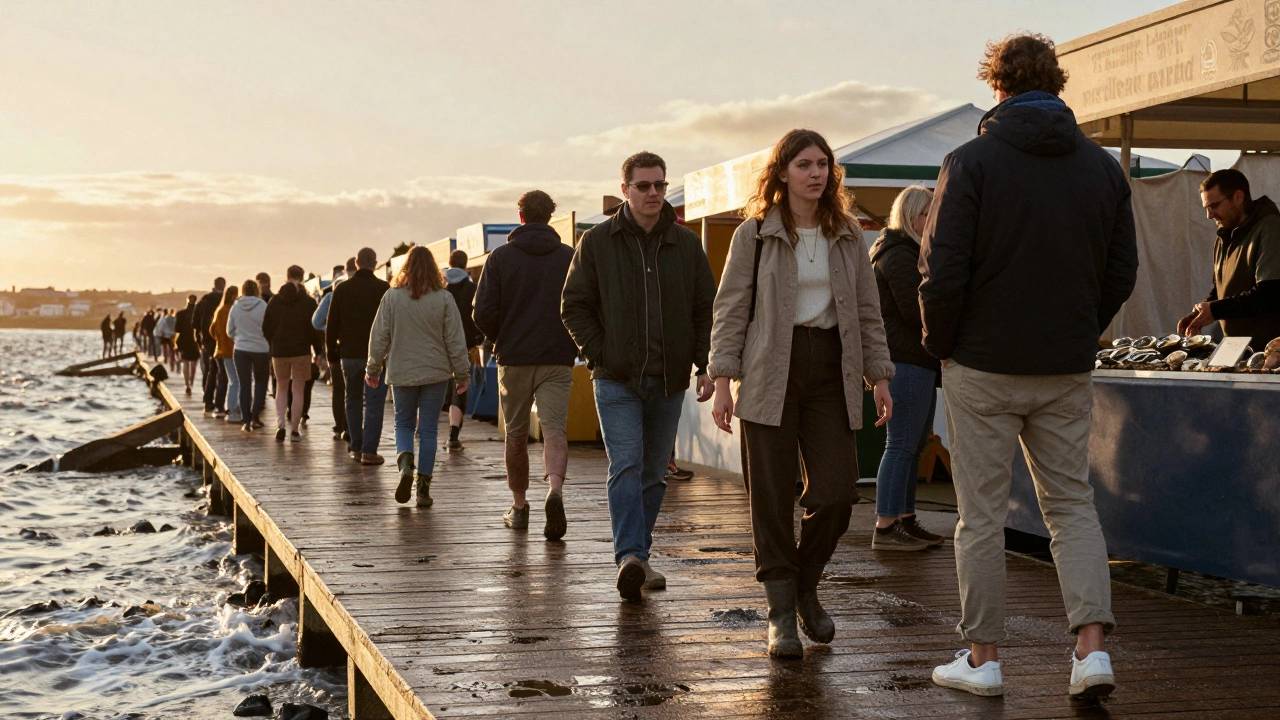 Crowd at Galway Oyster Festival wearing practical, muddy trainers on wet walkways.