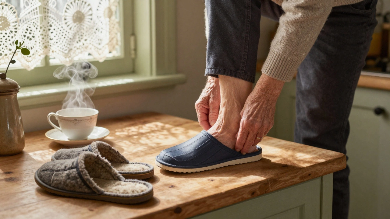 Elderly woman stepping into new non-slip slippers in a cozy Irish cottage kitchen.