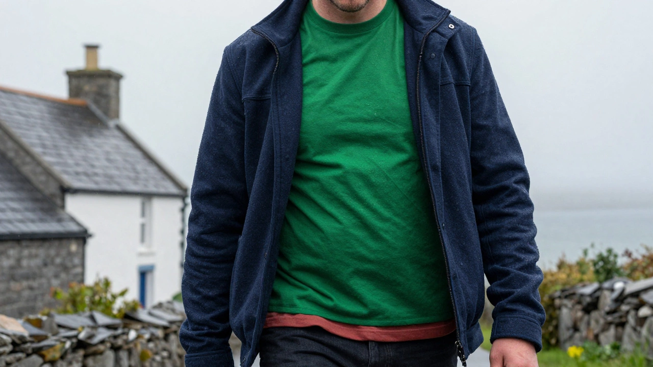 Forest green tee layered under navy jacket walking past cottages in Doolin, Ireland.
