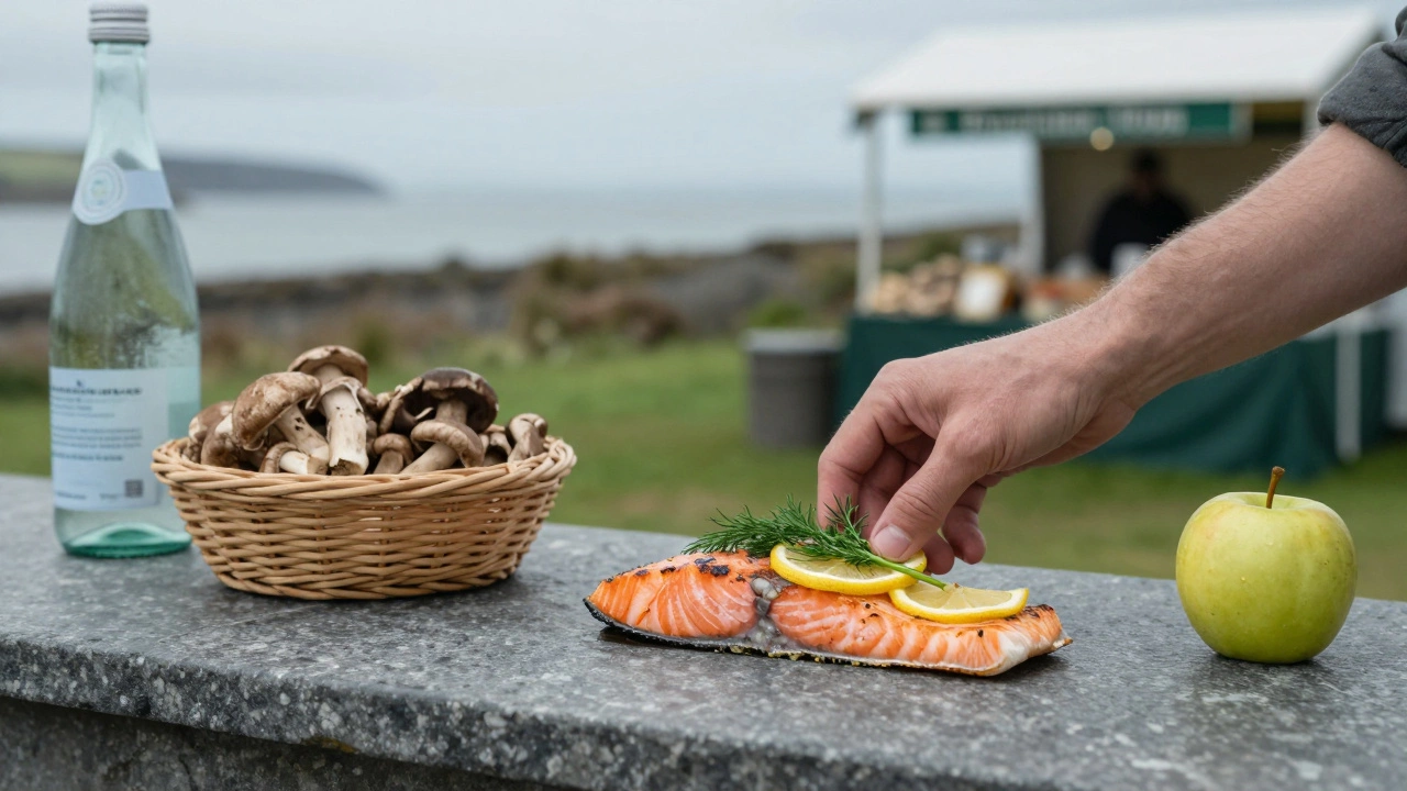 Grilled salmon with lemon and dill beside wild mushrooms and an apple, representing simple, local Irish eating.