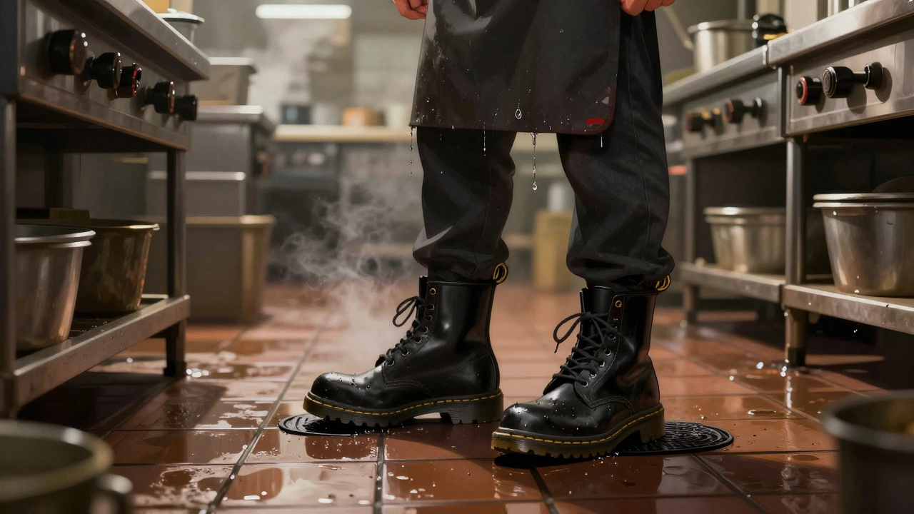 Kitchen worker standing on wet kitchen floor with slip-resistant work boots.