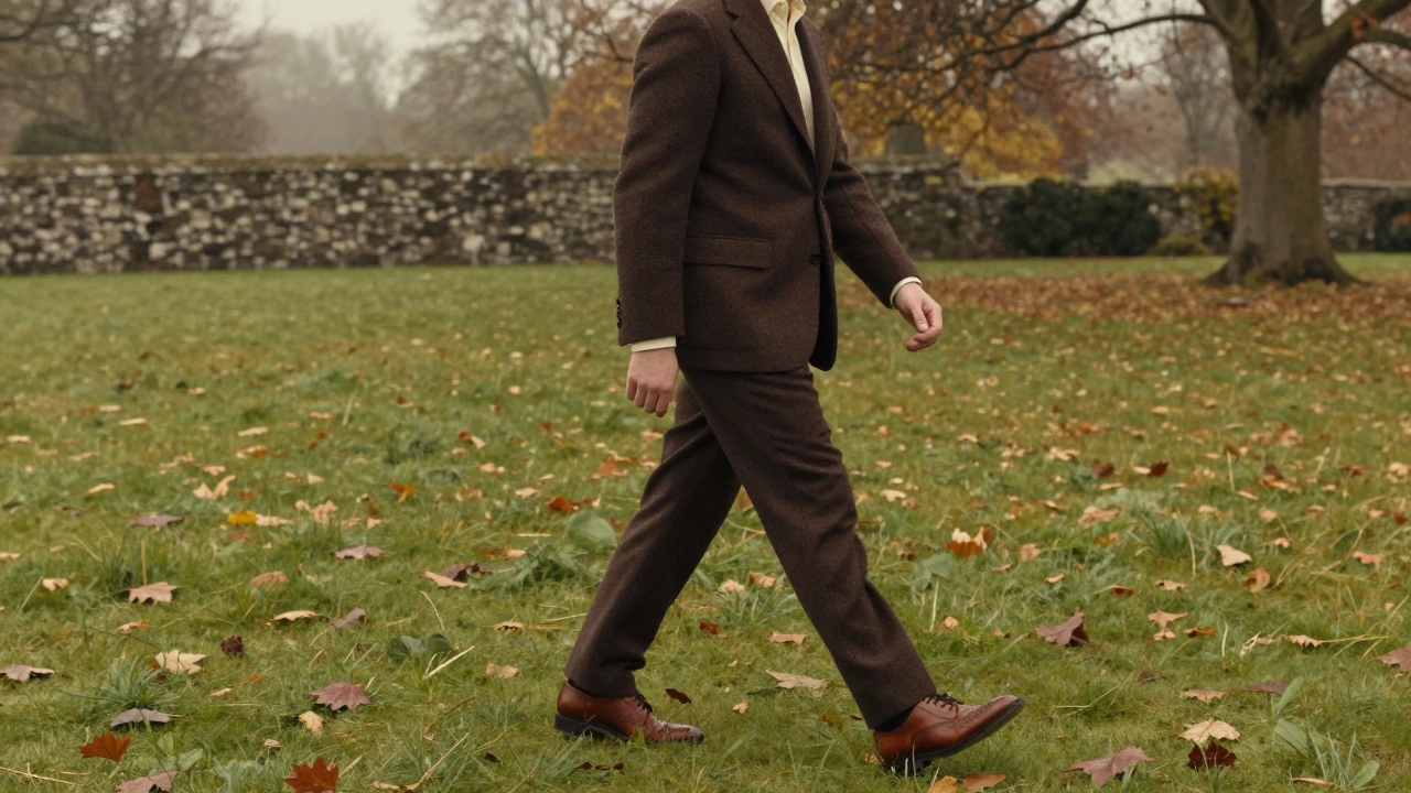Man in brown suit walking through autumn park with brogues and cream shirt