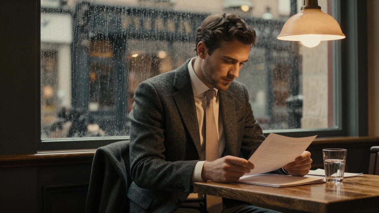 Man in charcoal grey suit working in a Cork café with rain-streaked window behind him.