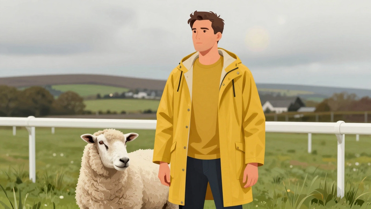 Man in mustard t-shirt at Galway Races beside a sheep under overcast Irish skies.