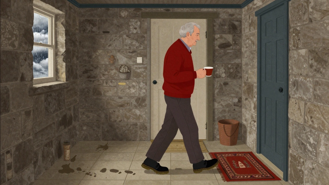 Older man walking to a shed in Ireland wearing grippy indoor slippers on stone flooring.