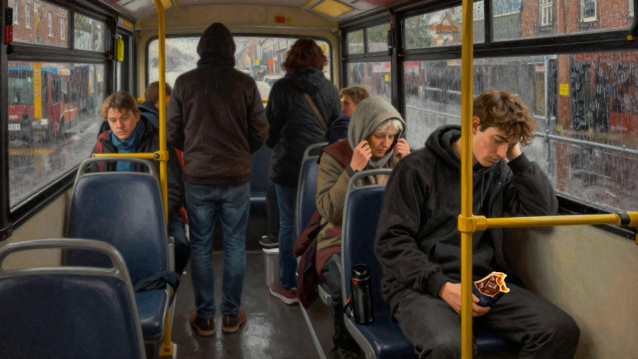Passengers on a Dublin bus wear hoodies during a rainstorm, warmth found in quiet solidarity.