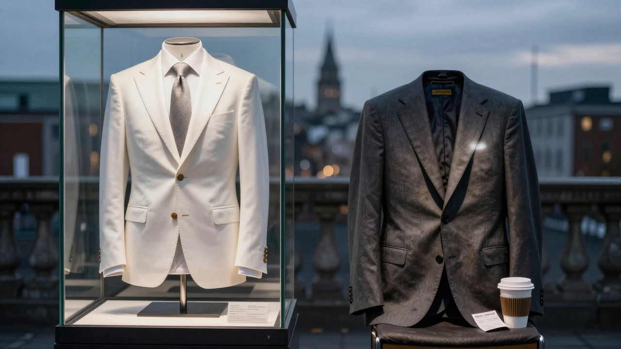 Side-by-side comparison of an expensive suit in a case and a practical 0 suit on a chair.