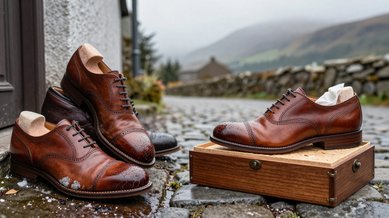 Split image: damaged wet shoes vs. properly stored leather shoes, symbolizing care in Ireland's climate.