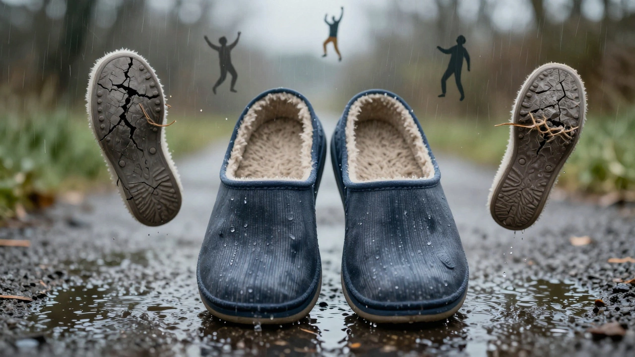 Sturdy Irish slippers standing on rainwater, with fading images of damaged slippers and falls.