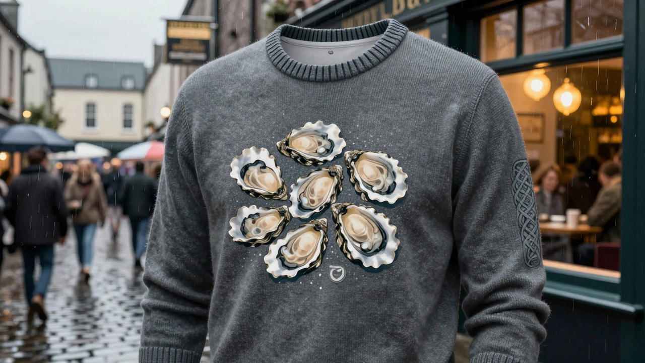 T-shirt worn under a wool sweater at a festive Irish market, with visible flatlock seams and Celtic details.