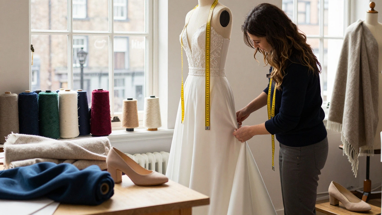 Tailor adjusting a custom evening gown in Dublin boutique, surrounded by Irish fabrics and sewing tools.
