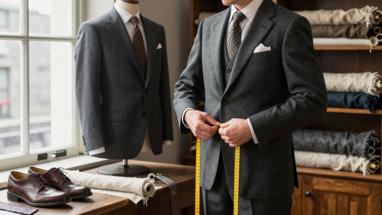 Tailor measuring client for charcoal suit in Galway workshop with Irish wool