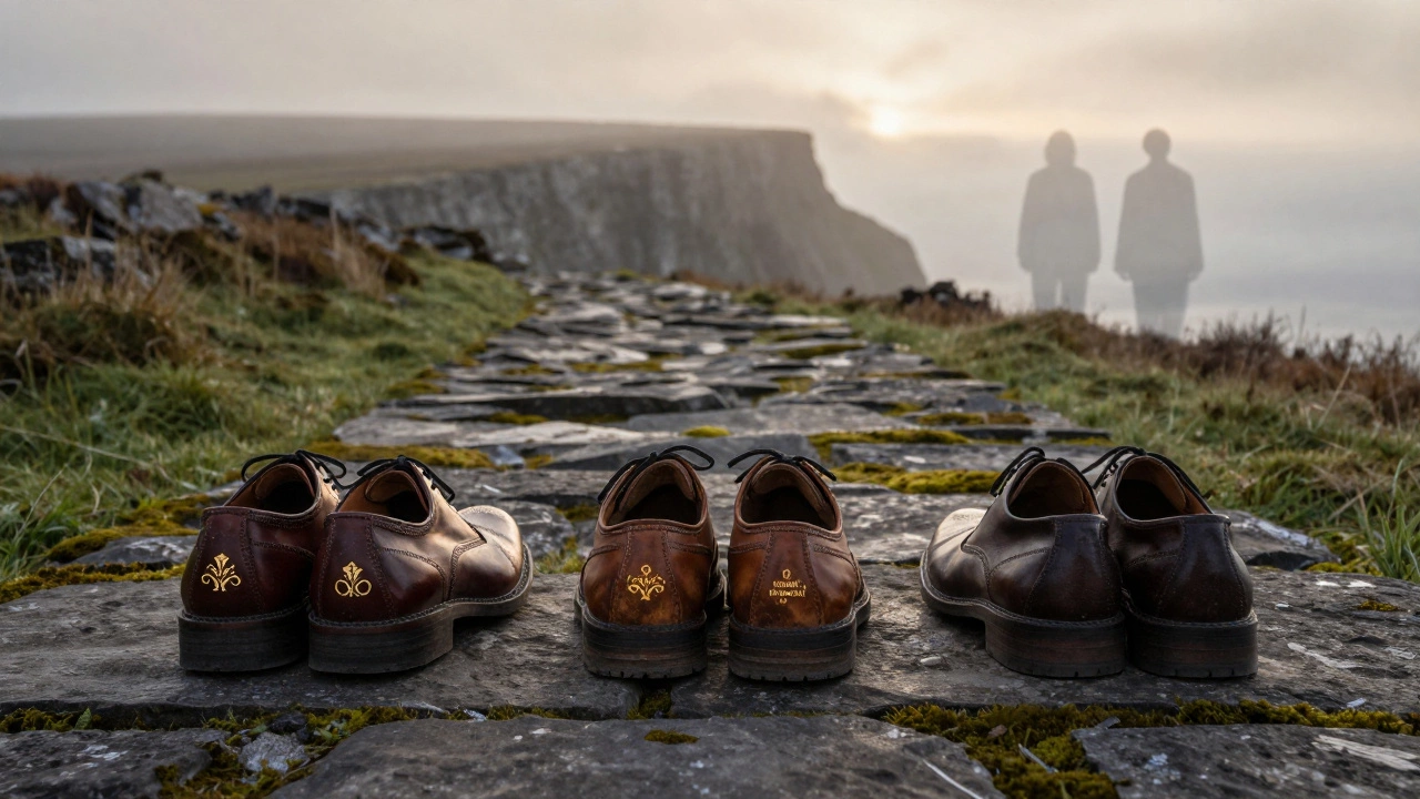 Three authentic Irish leather shoes on a mossy path leading to a misty cliff at dawn.