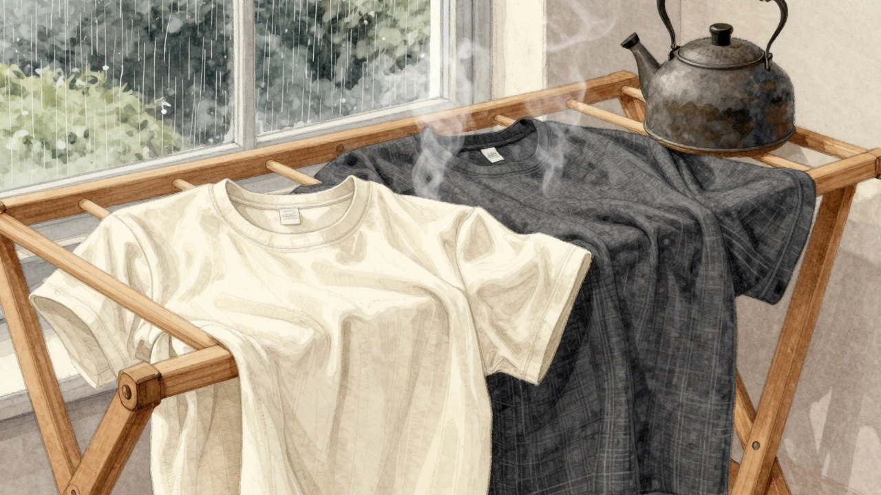 Three high-quality Irish-made tees drying on a wooden rack indoors, with rain on the window and steam rising from a kettle.