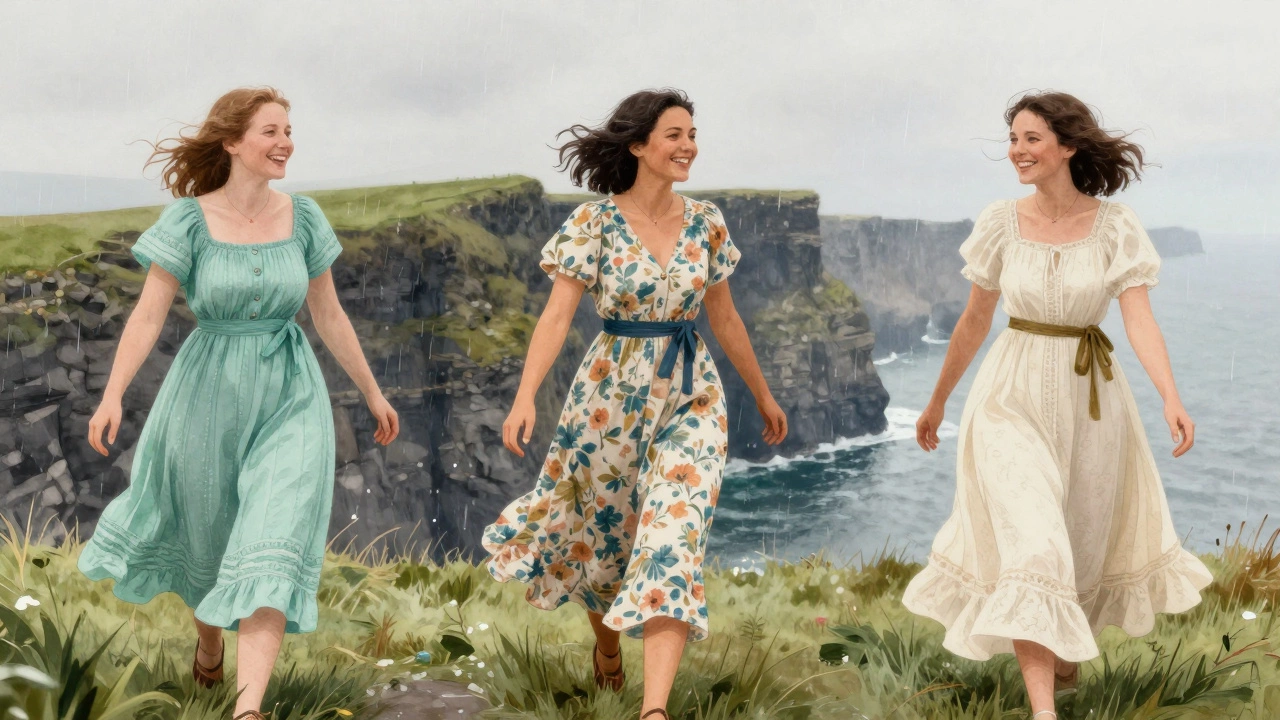 Three Irish women laughing in summer dresses at coastal and festival settings, moving freely in the wind.