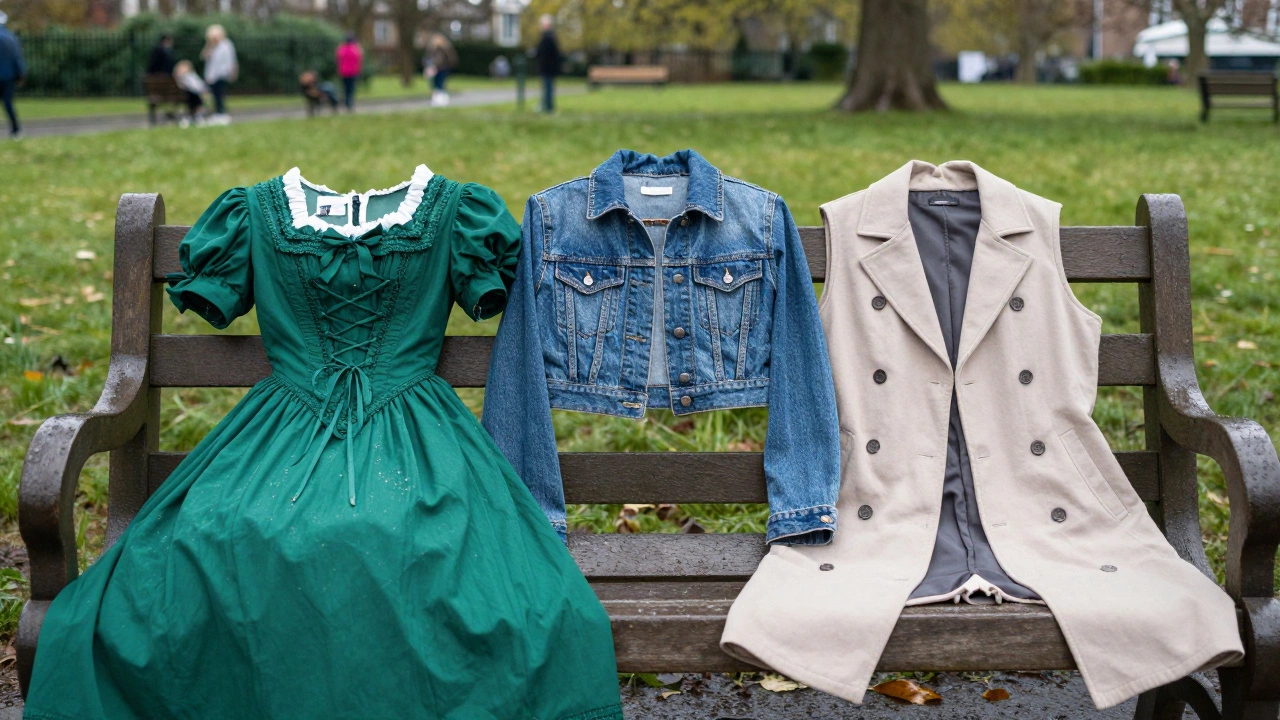 Three layered summer outfits on a bench in Dublin park, showing flattering layering technique.