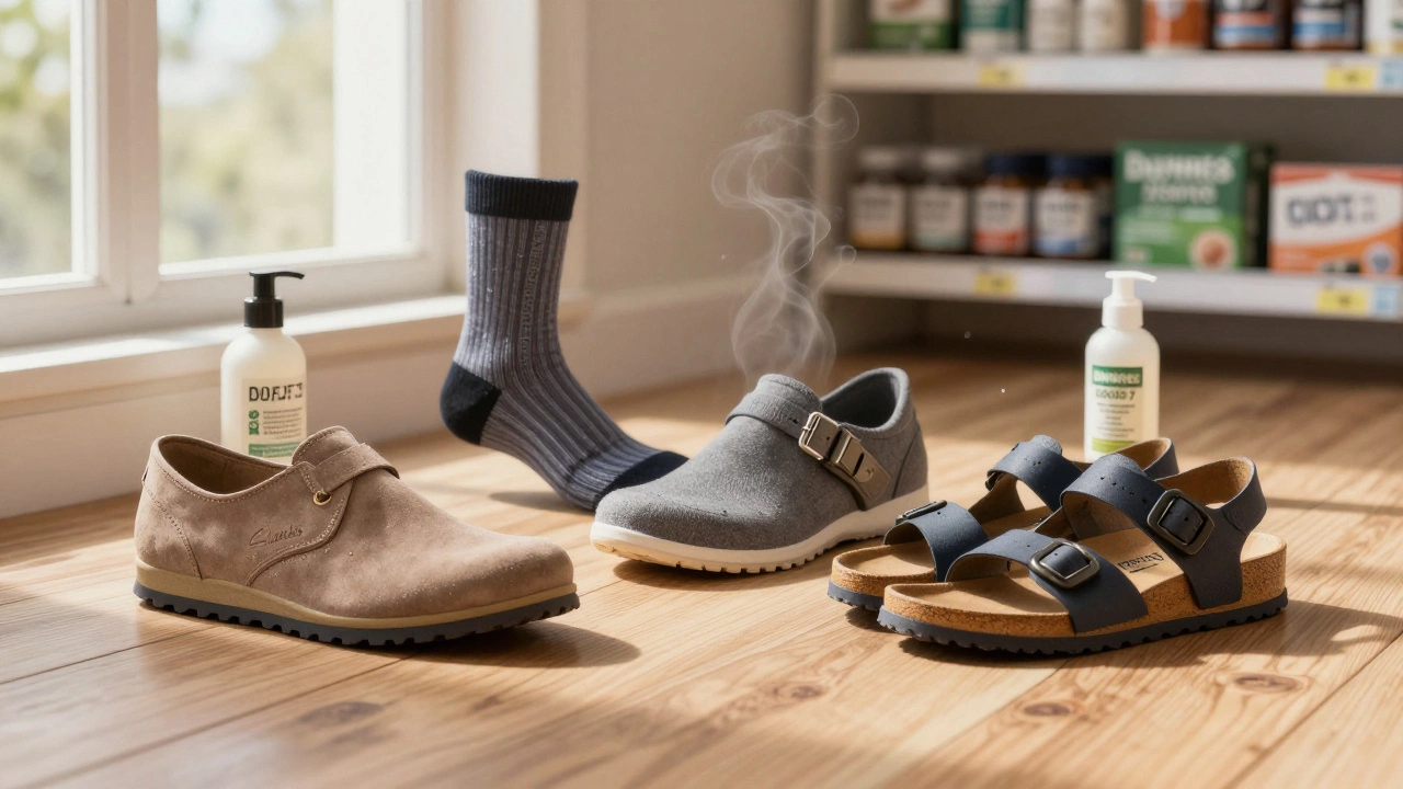 Three recommended Irish shoe models laid out with damp socks and leather conditioner.