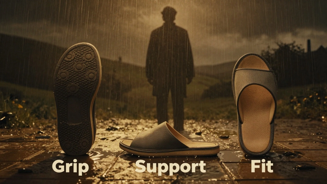Three safe slippers symbolizing grip, support, and fit rising from a wet tile floor.