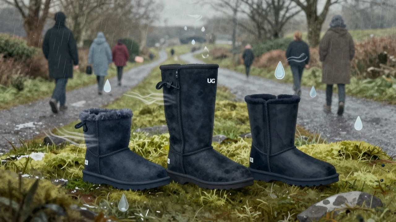 Three UGG boots standing on a muddy Irish lane, surrounded by symbols of rain and wind.