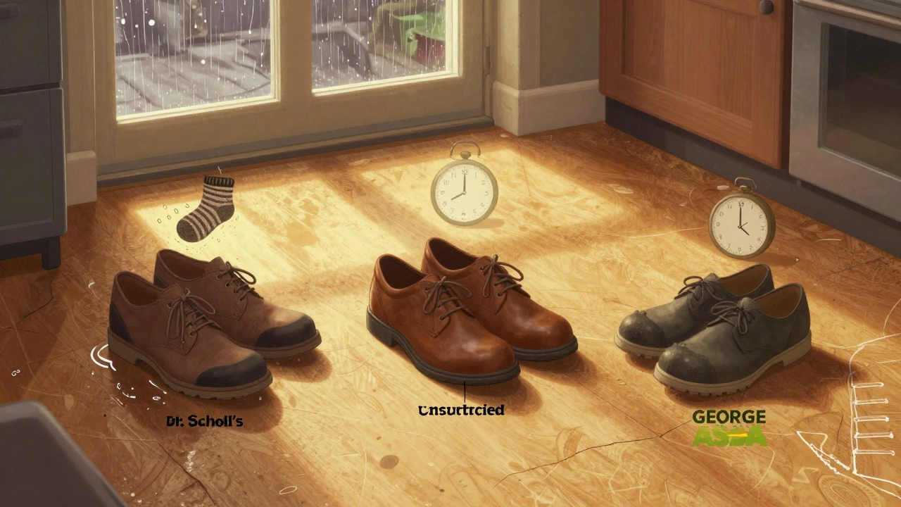 Three work shoes on a worn kitchen floor with symbols of long shifts and Irish weather, bathed in warm evening light.