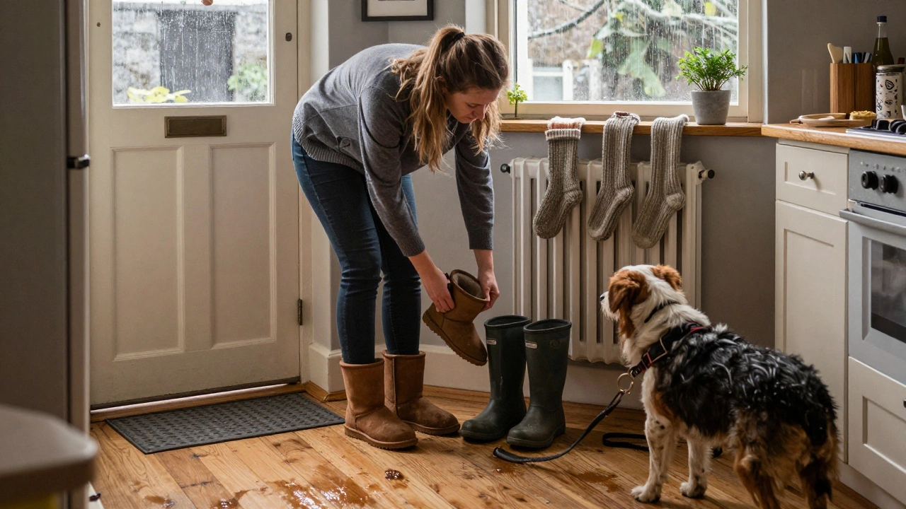 Ugg boots drying by a kitchen door in Cork, wool socks on radiator, rain streaking the window.