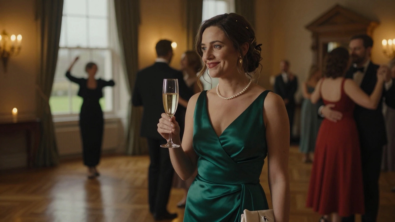 Woman in emerald silk gown at a gala, holding champagne, pearl necklace, and linen handkerchief in candlelit room.