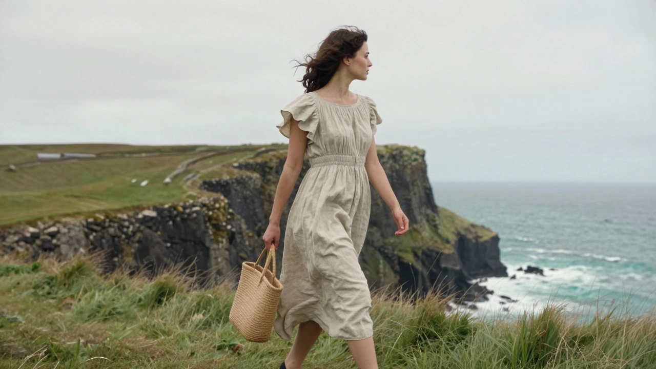Woman in linen empire-waist dress walking near Giant’s Causeway with breeze lifting fabric.