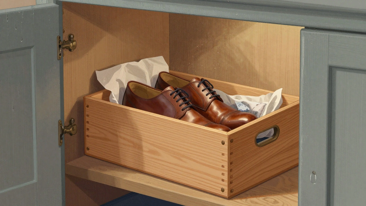 Wooden shoe box with cedar lining holding polished brogues, stored safely in a bedroom cupboard.