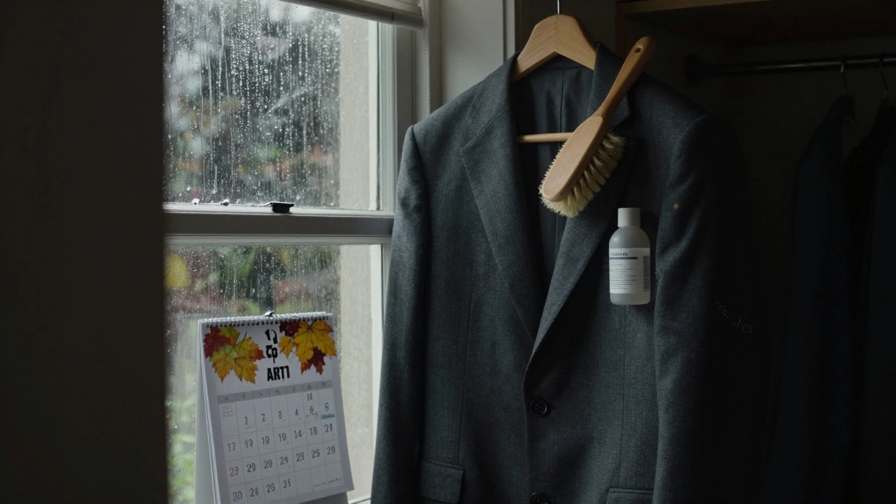 A charcoal suit hangs in a closet, brushed and cared for, with rain streaking the window behind it.