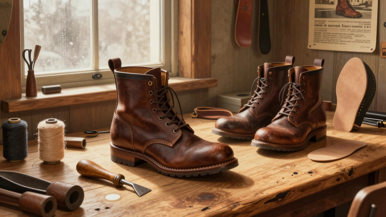 A cobbler hand-stitching a boot sole in a cozy Irish repair shop with wooden tools and sunlight.