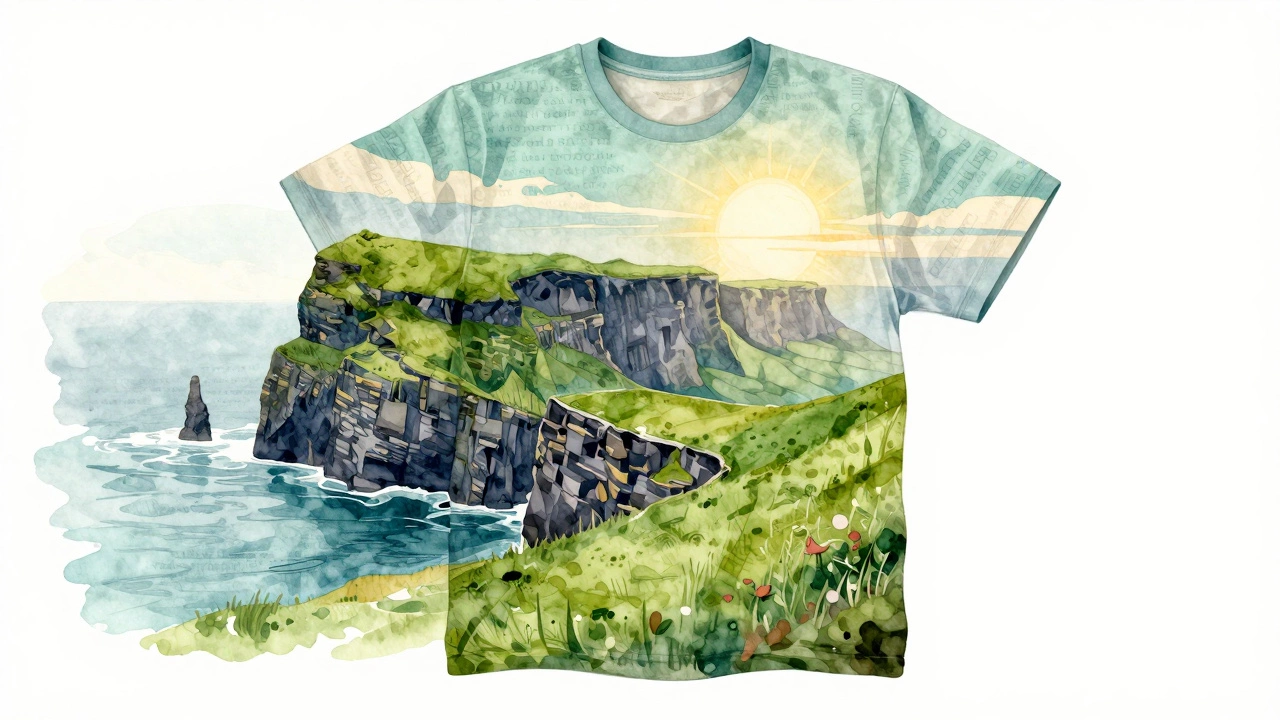A T-shirt shaped like the Irish landscape with cliffs, hills, and Gaelic patterns in watercolor style.