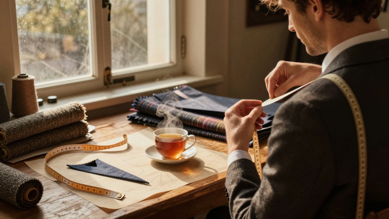 A tailor in Cork measures a client’s shoulders, surrounded by Irish tweed fabric and tools of the trade.