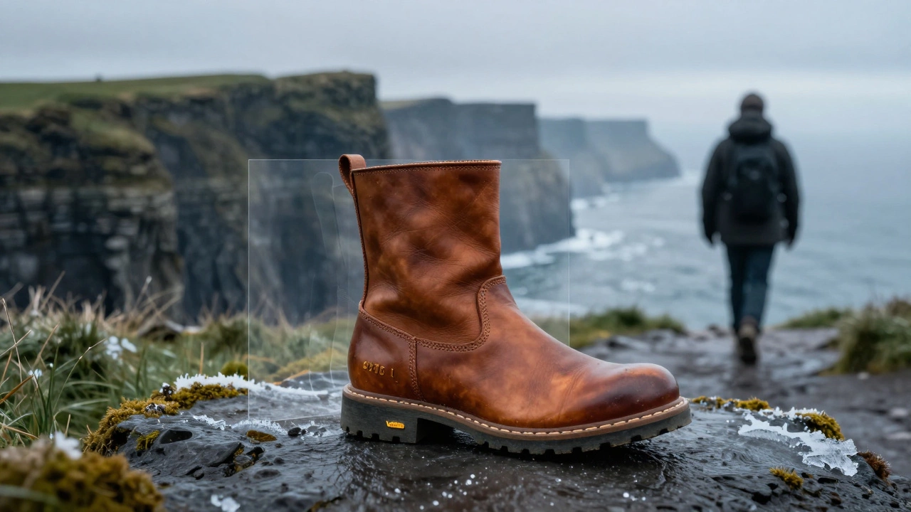 A Thursday Boot on an icy Irish path with transparent cross-section showing its layered construction.
