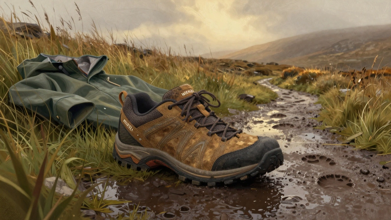 A worn Merrell walking shoe on a misty Irish trail with footprints leading away.